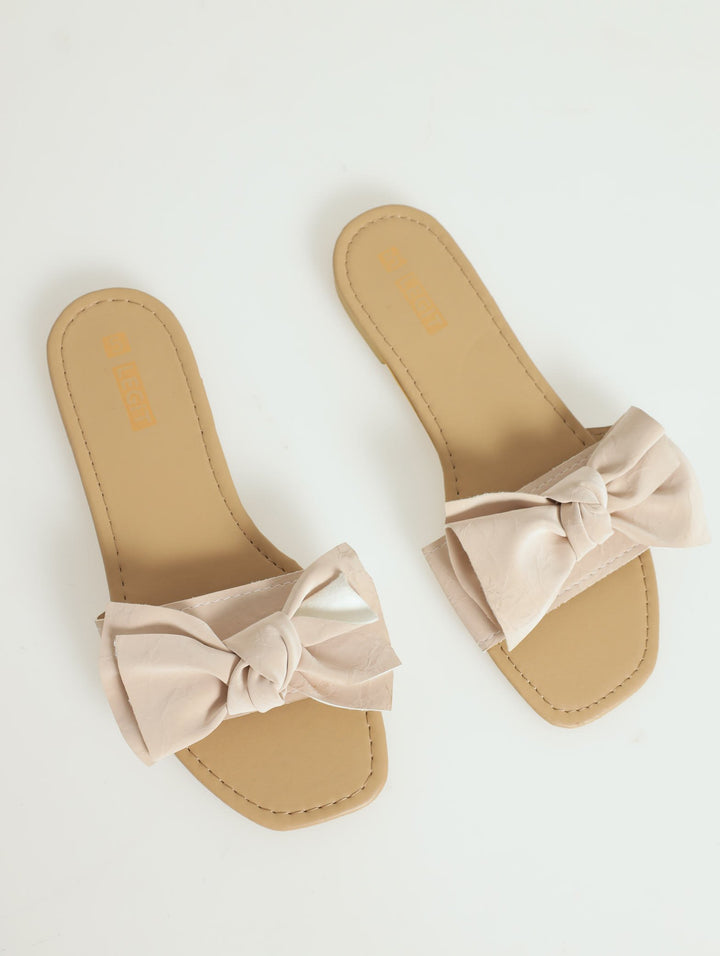 Flat One Strap Bow Push In Mule Sandal - Blush