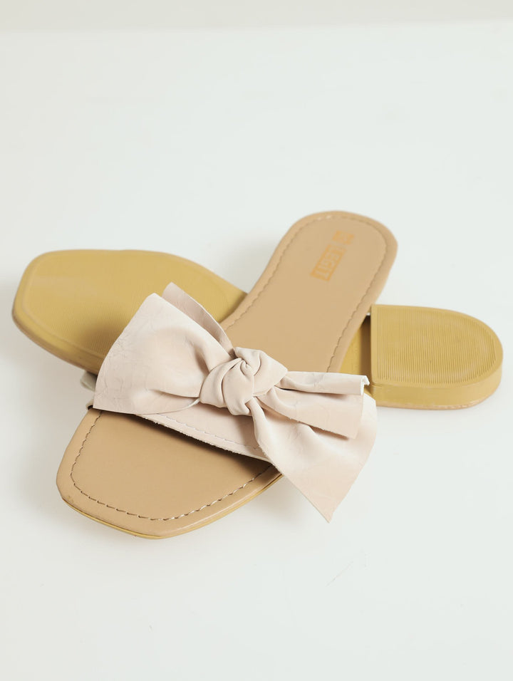 Flat One Strap Bow Push In Mule Sandal - Blush