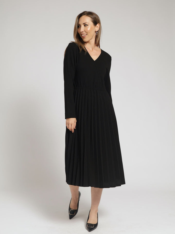 Long Sleeve Wrap Pleated Dress - Black