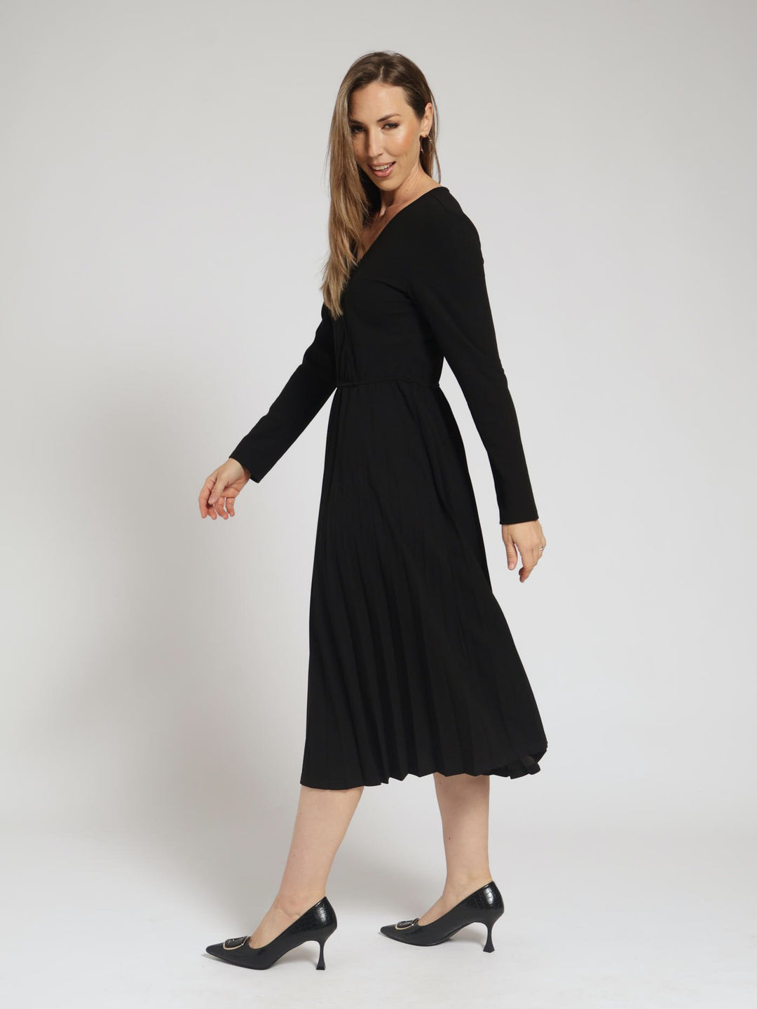 Long Sleeve Wrap Pleated Dress - Black