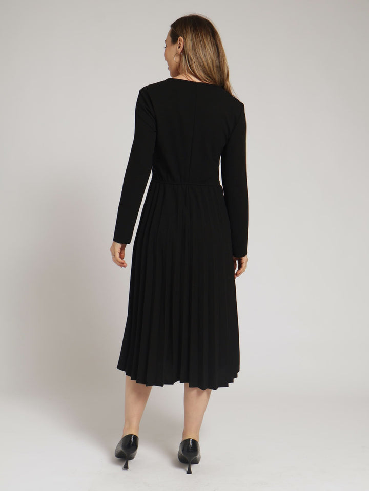 Long Sleeve Wrap Pleated Dress - Black