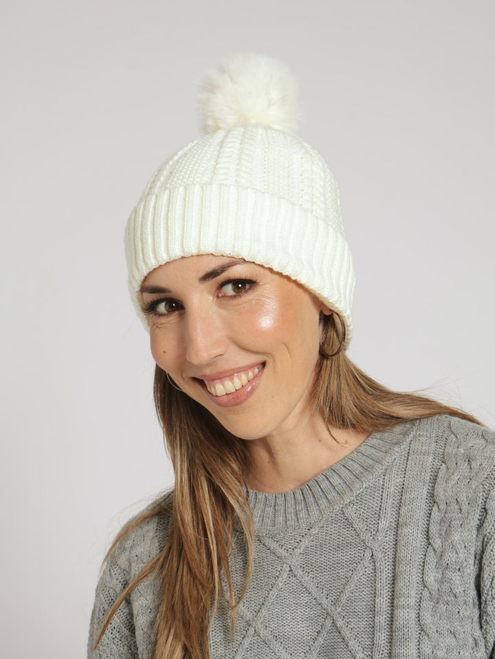 Knitted Turn Up Pompom Beanie - Cream