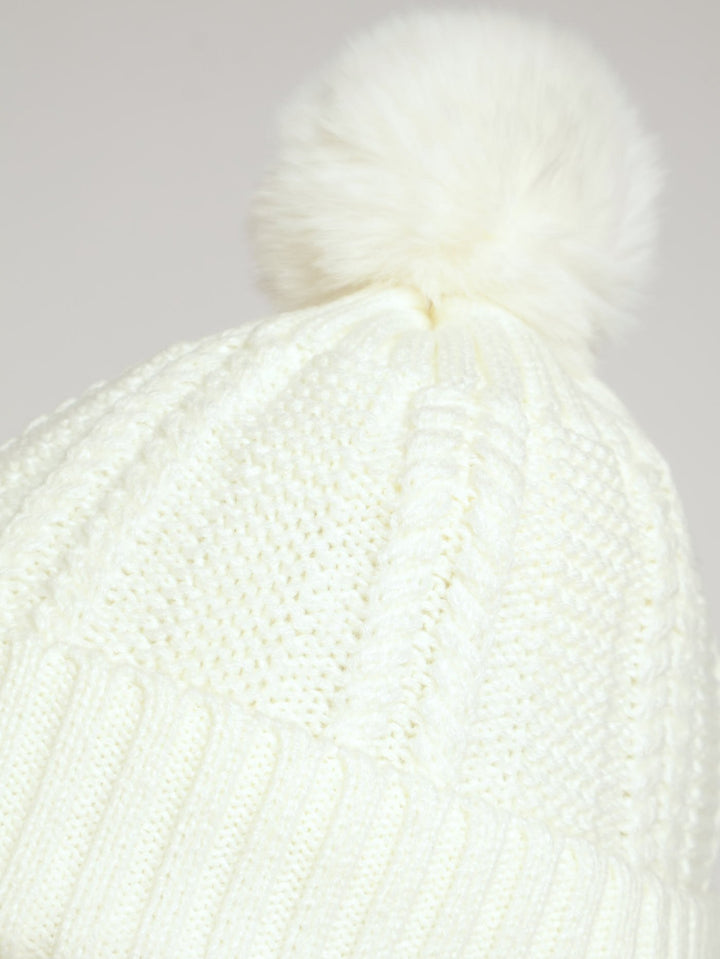 Knitted Turn Up Pompom Beanie - Cream