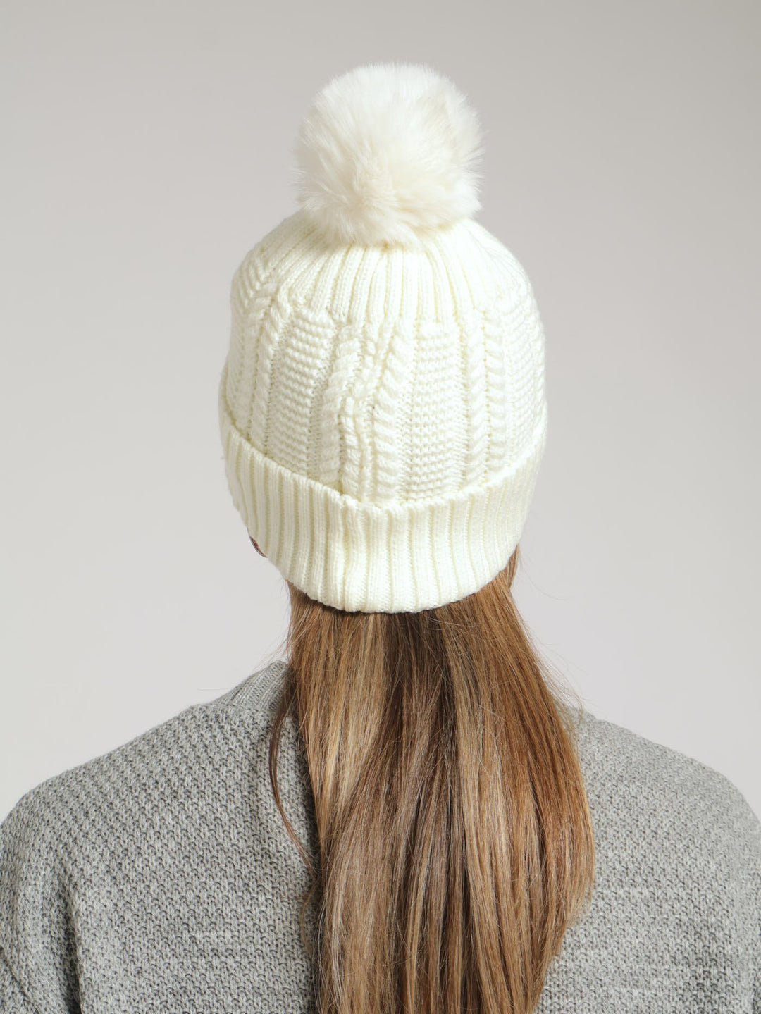 Knitted Turn Up Pompom Beanie - Cream