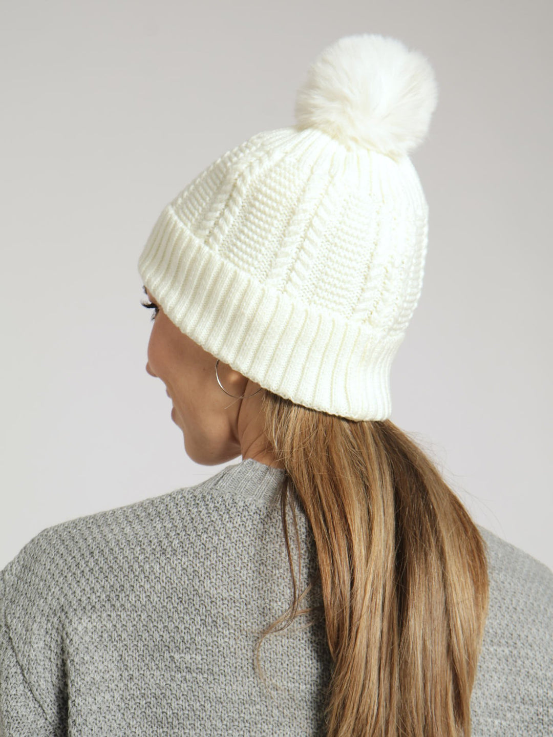 Knitted Turn Up Pompom Beanie - Cream