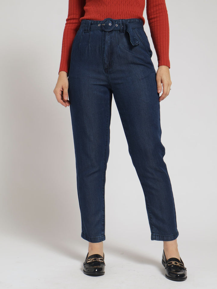 Belted Mom Premium Jean - Dark Wash Ink