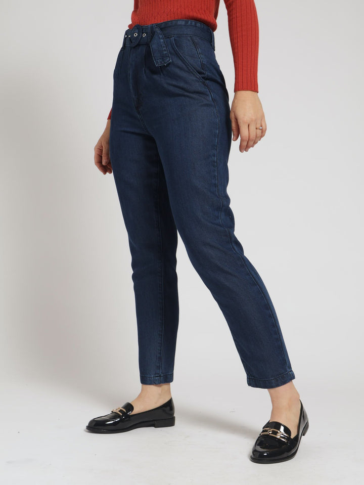 Belted Mom Premium Jean - Dark Wash Ink