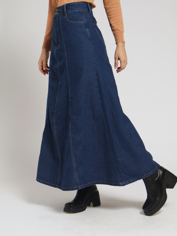 A-Line Panelled Maxi Skirt - Mid Blue