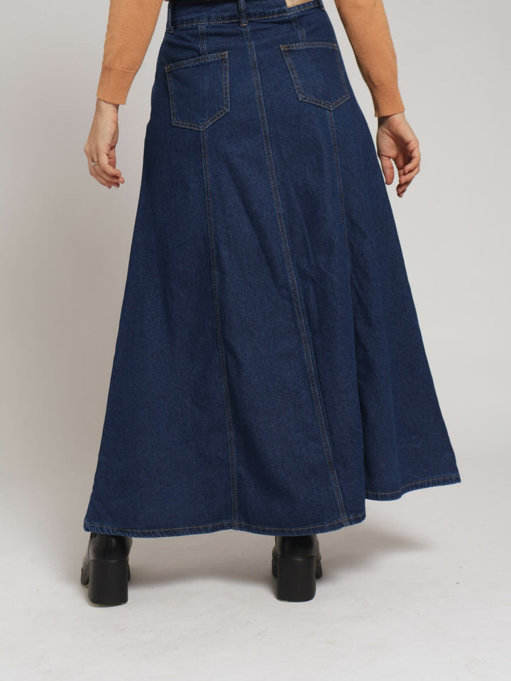 A-Line Panelled Maxi Skirt - Mid Blue