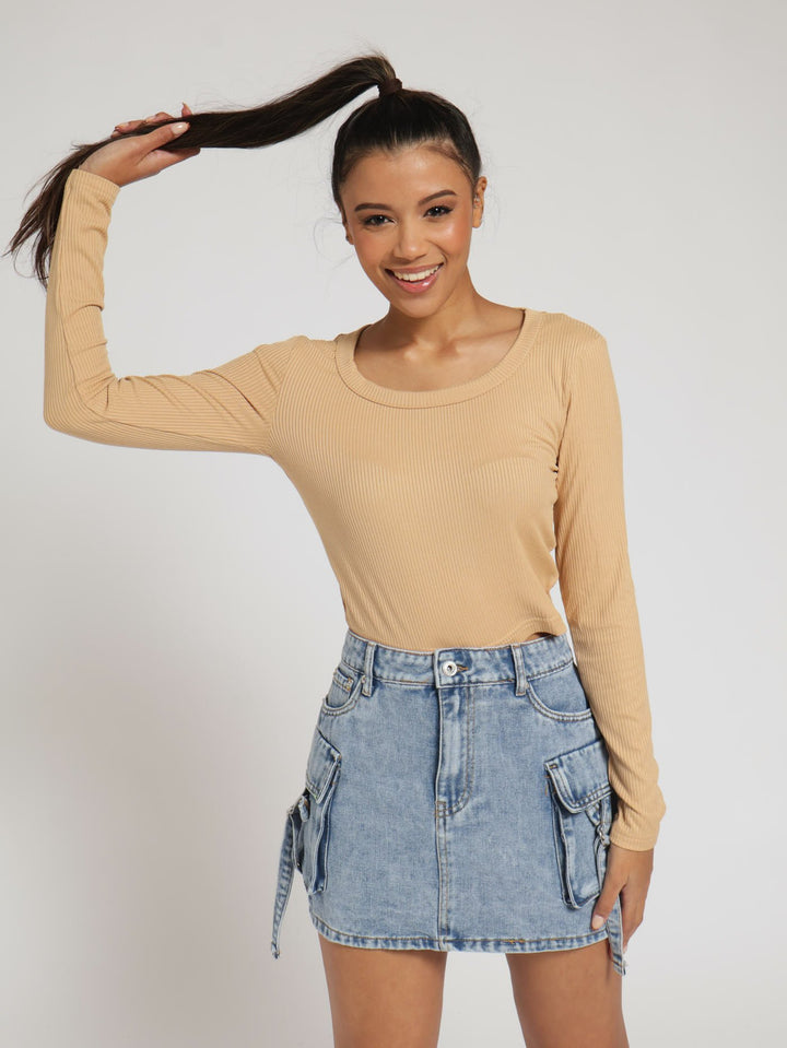 Basic Scoop Neck Rib Top - Stone