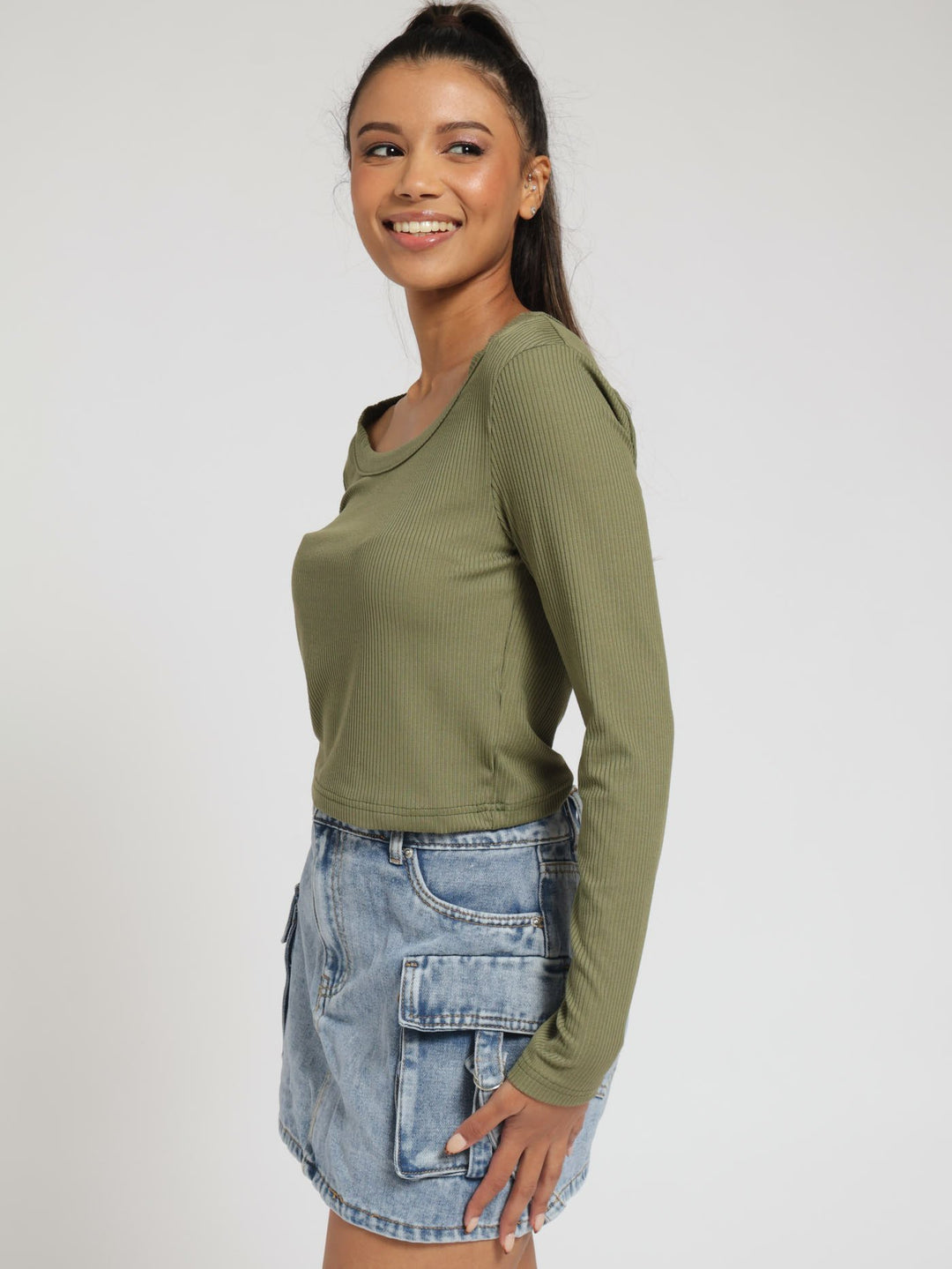 Basic Scoop Neck Rib Top - Fatigue