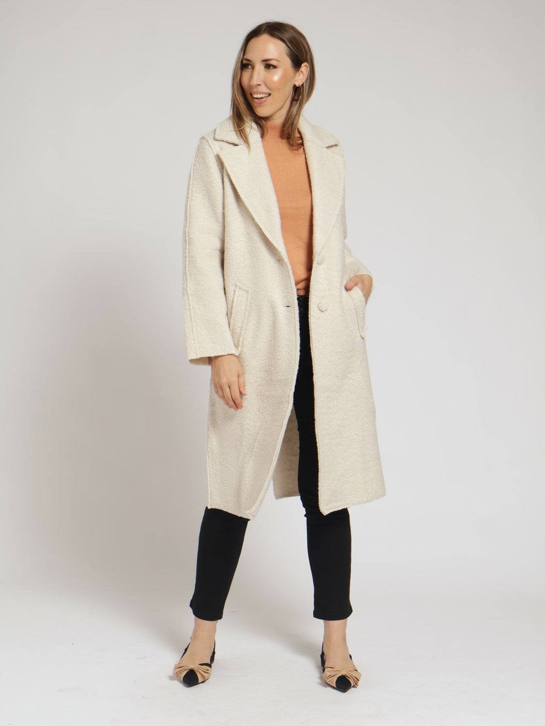 Textured Two Button Coat - Cream