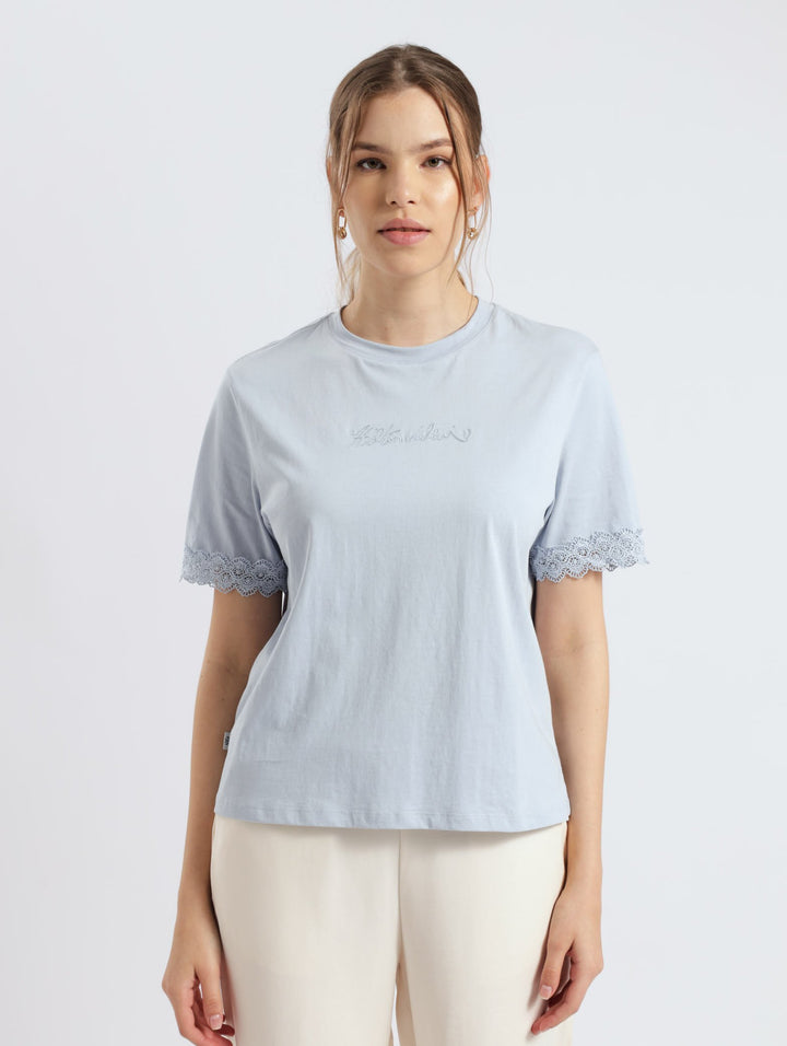 Relaxed Lace Trim Tee - Light Blue