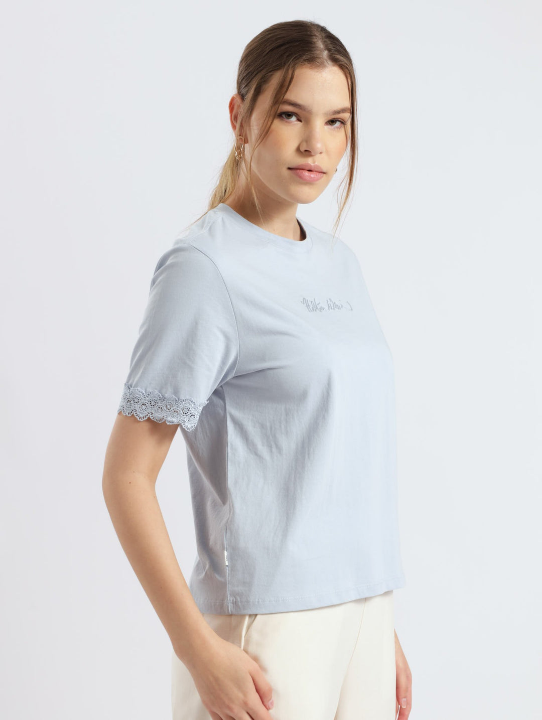 Relaxed Lace Trim Tee - Light Blue