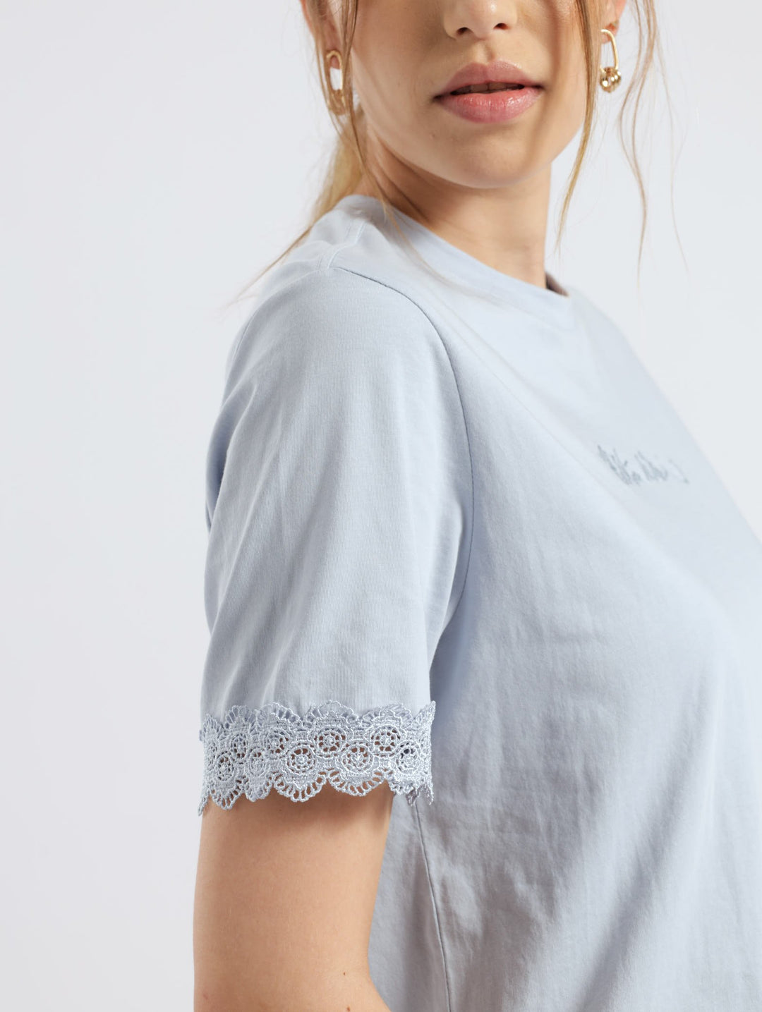 Relaxed Lace Trim Tee - Light Blue