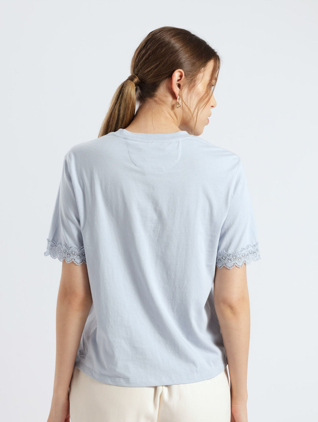 Relaxed Lace Trim Tee - Light Blue