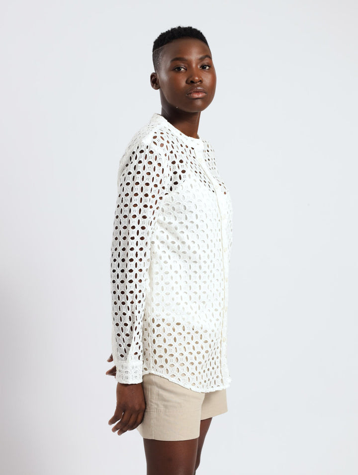Long Sleeve Mandarin Collar Anglaise Shirt - White