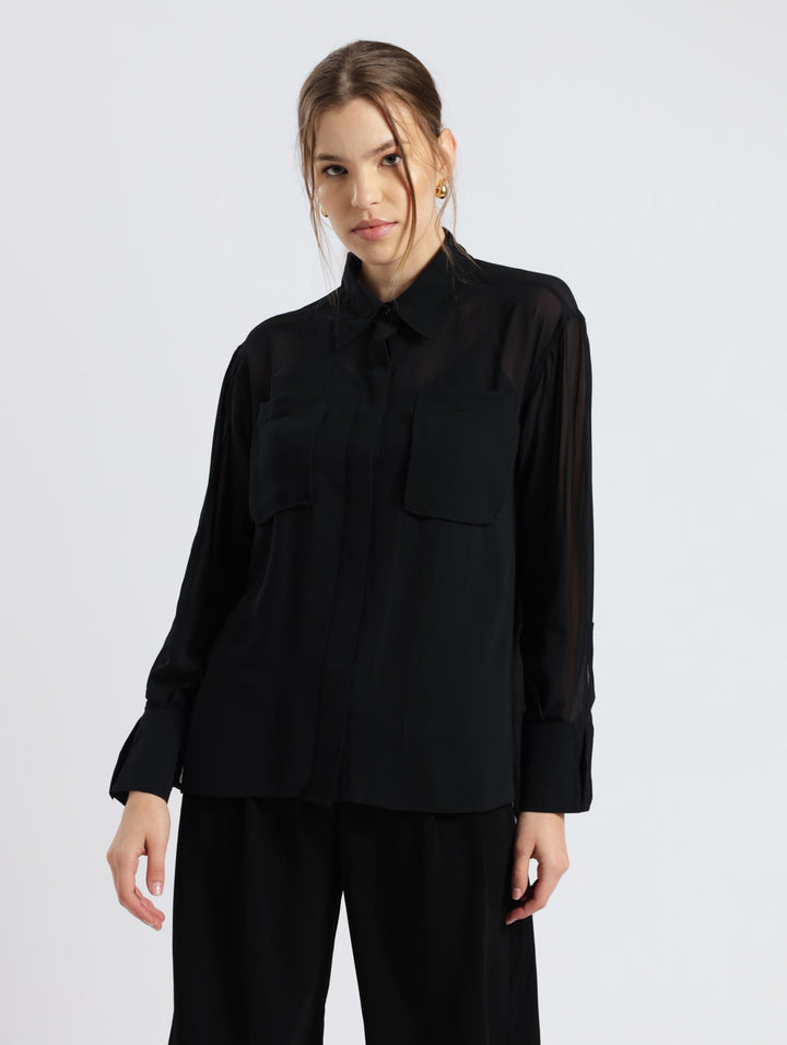 Long Sleeve Sheer With Clip Label Pocket Shirt - Black