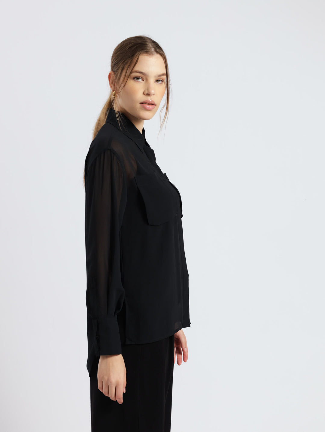 Long Sleeve Sheer With Clip Label Pocket Shirt - Black