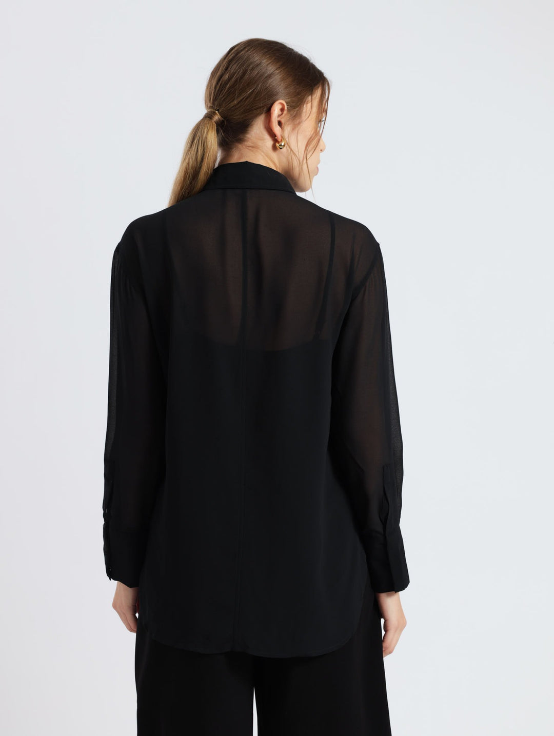 Long Sleeve Sheer With Clip Label Pocket Shirt - Black