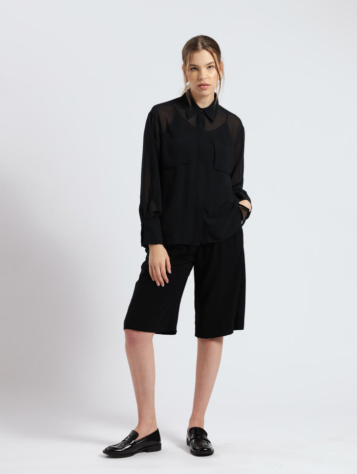 Long Sleeve Sheer With Clip Label Pocket Shirt - Black