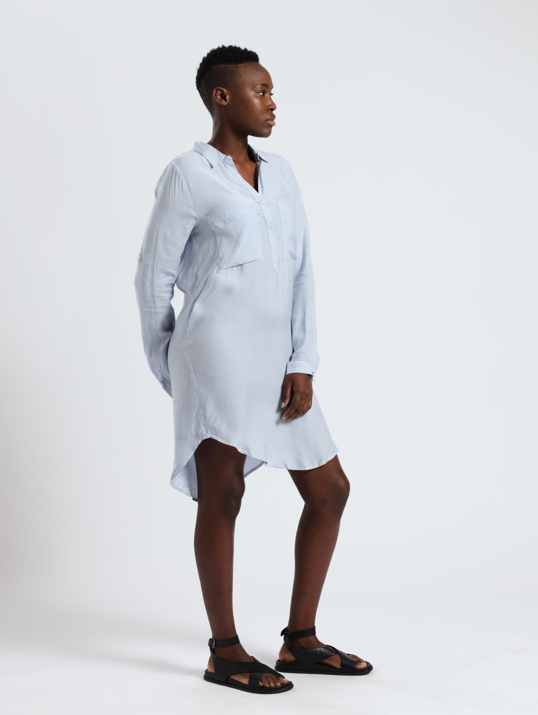 Roll Up Sleeve Blouse Dress - Blue