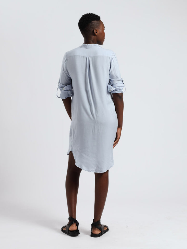 Roll Up Sleeve Blouse Dress - Blue