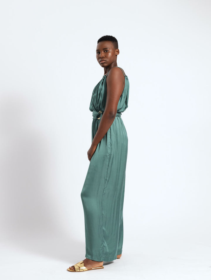 Pleated Strappy Belted Jumpsuit - Forest Green