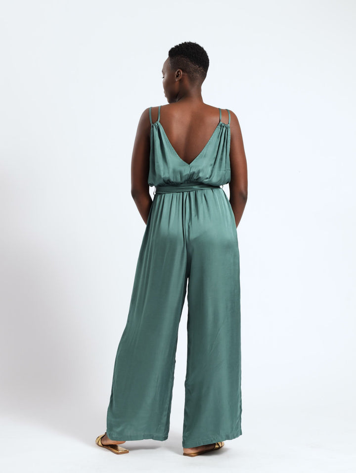 Pleated Strappy Belted Jumpsuit - Forest Green