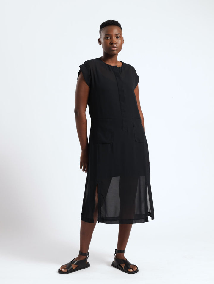 Sleeveless Sheer Patch Pocket Shirt Dress - Black