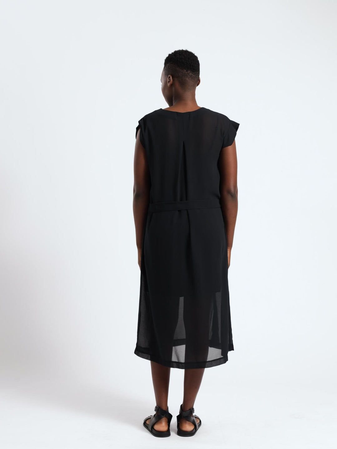 Sleeveless Sheer Patch Pocket Shirt Dress - Black