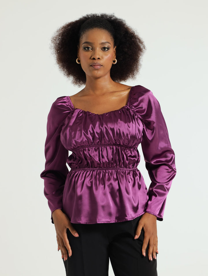 V-Neck Satin Peplum Blouse - Purple