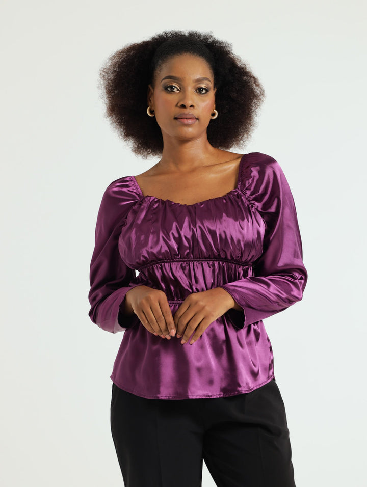 V-Neck Satin Peplum Blouse - Purple