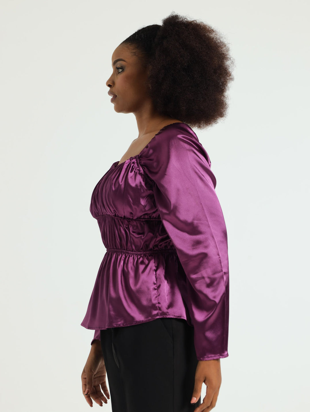 V-Neck Satin Peplum Blouse - Purple