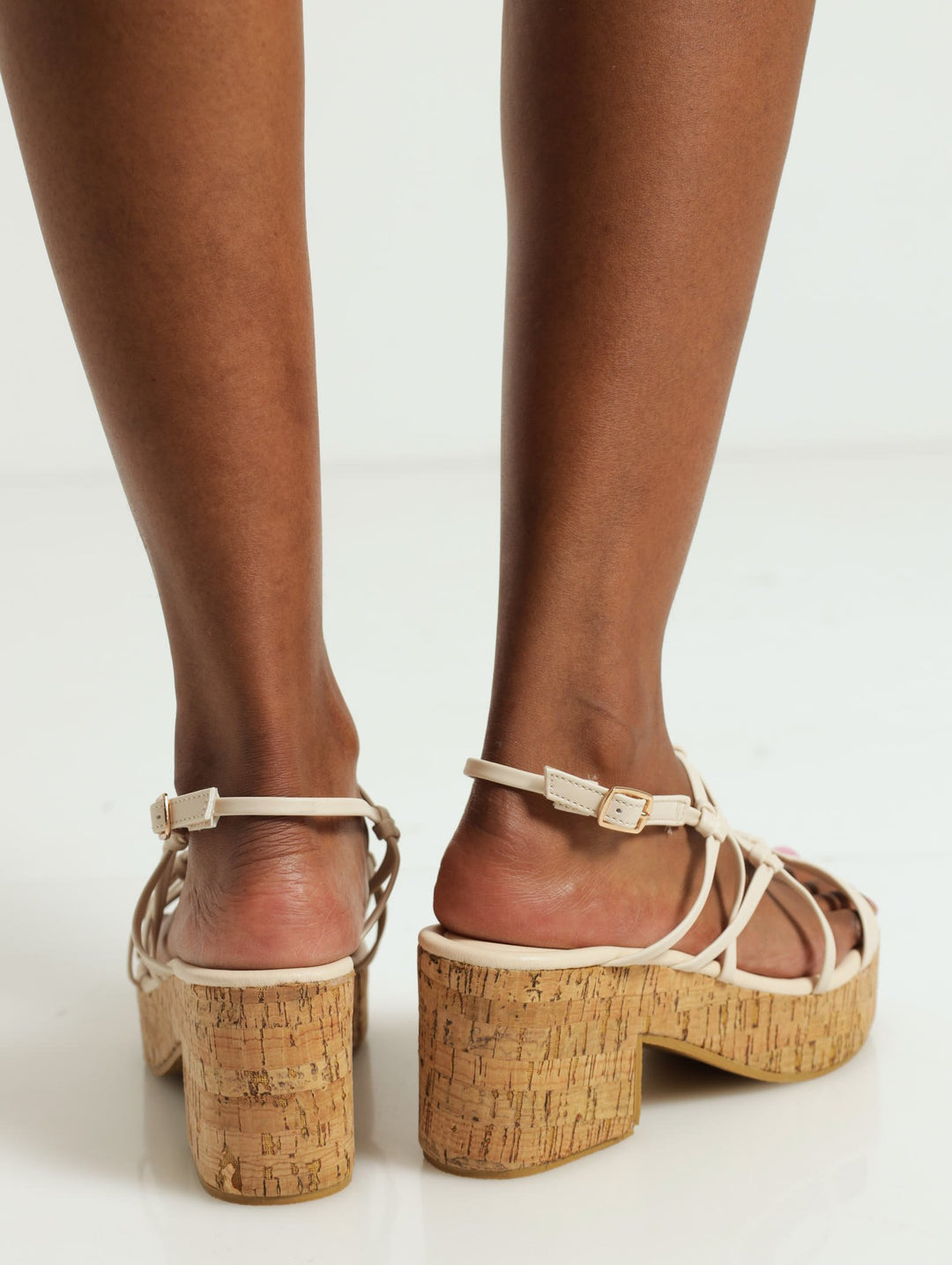 Knotted Multi-Strap Slingback On Cork Low Plaform Heel - Cream