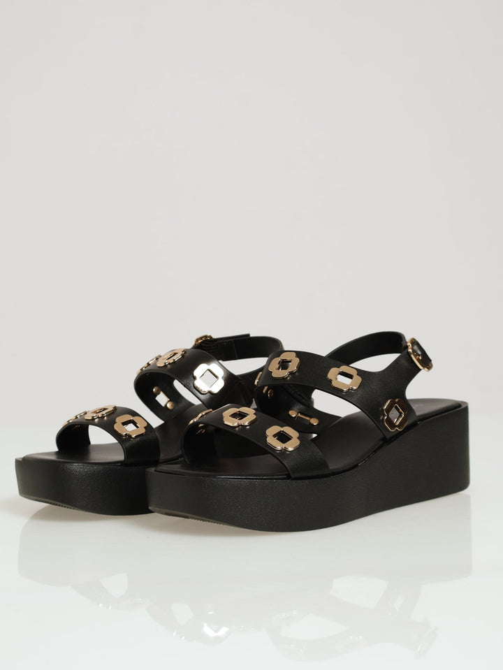 Backstrap Flatform Sandal With Metal Trim Details - Black