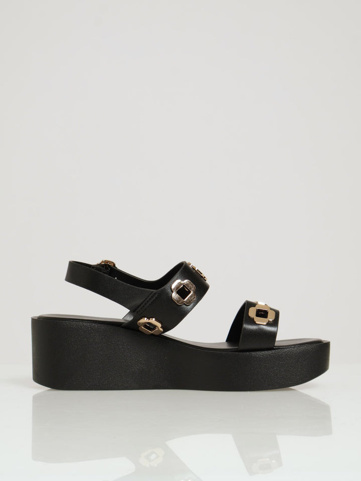 Backstrap Flatform Sandal With Metal Trim Details - Black