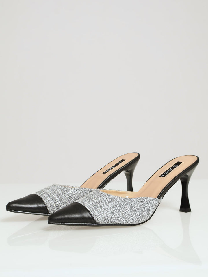 Tweed Pointed Toe Cap Heel - Black/White