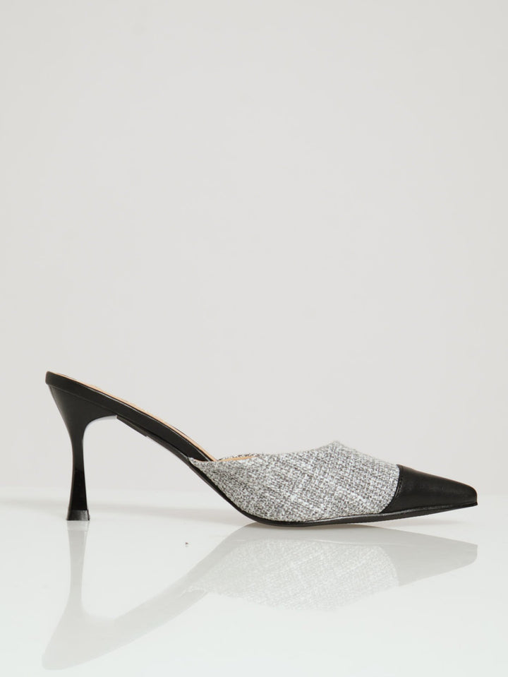 Tweed Pointed Toe Cap Heel - Black/White