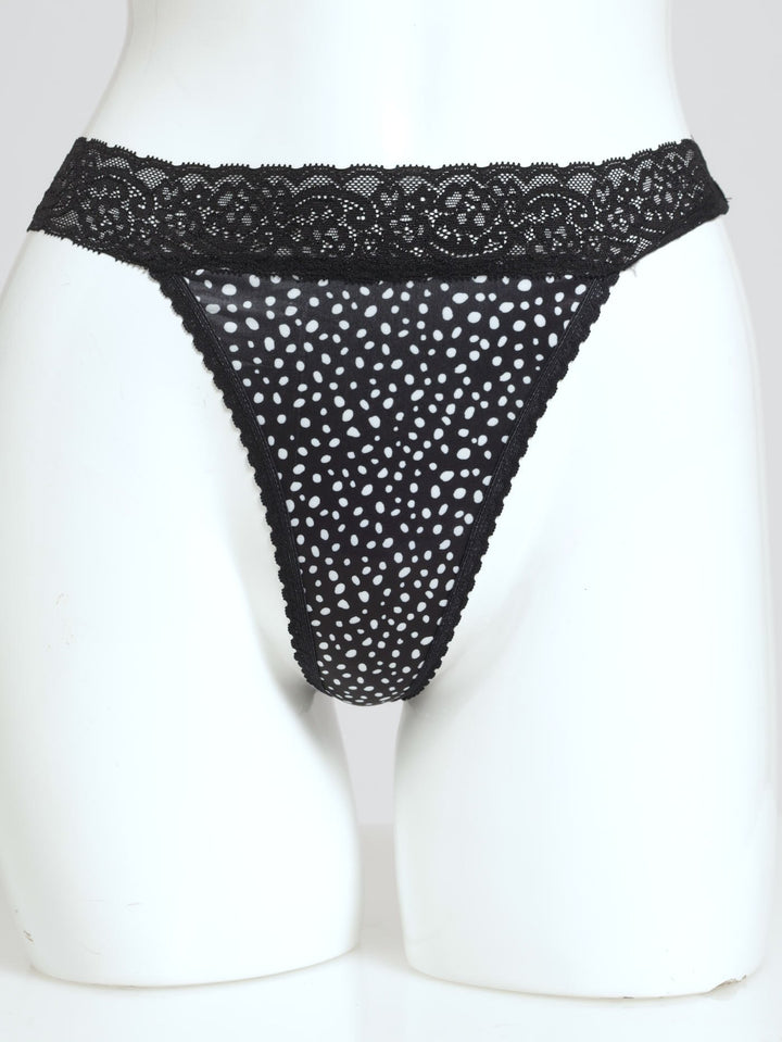 Spot Printed Lace Trim Tanga Panty - Black