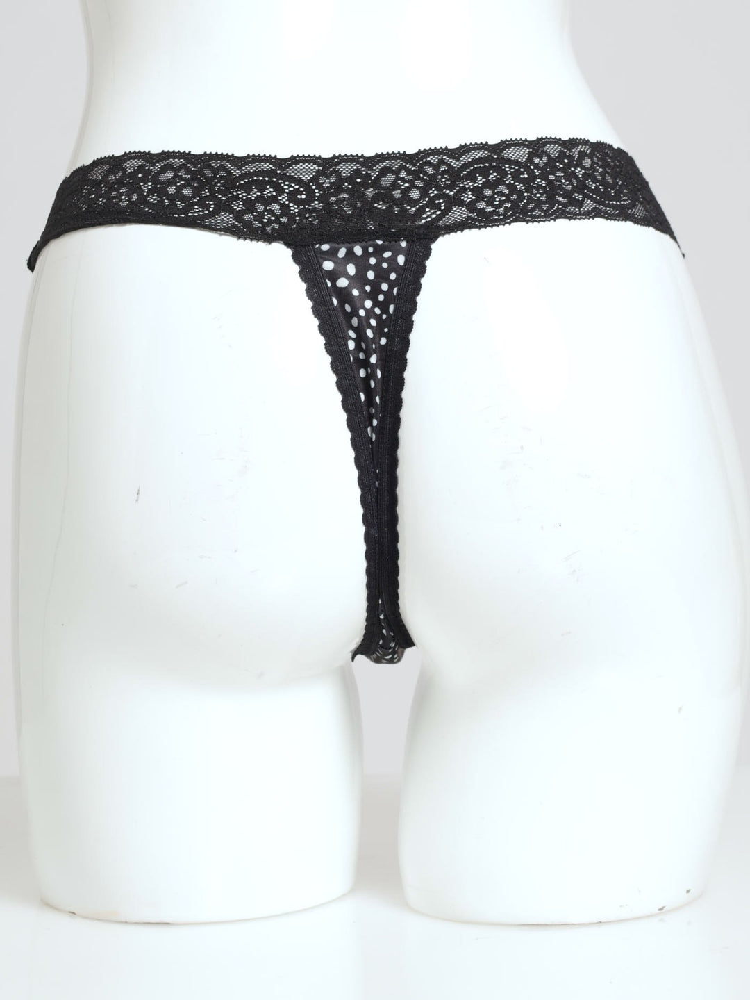 Spot Printed Lace Trim Tanga Panty - Black