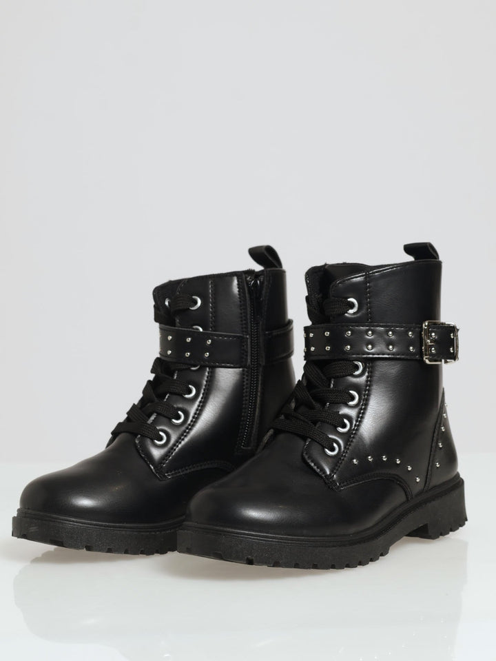 Girls Studded Biker Boot - Black