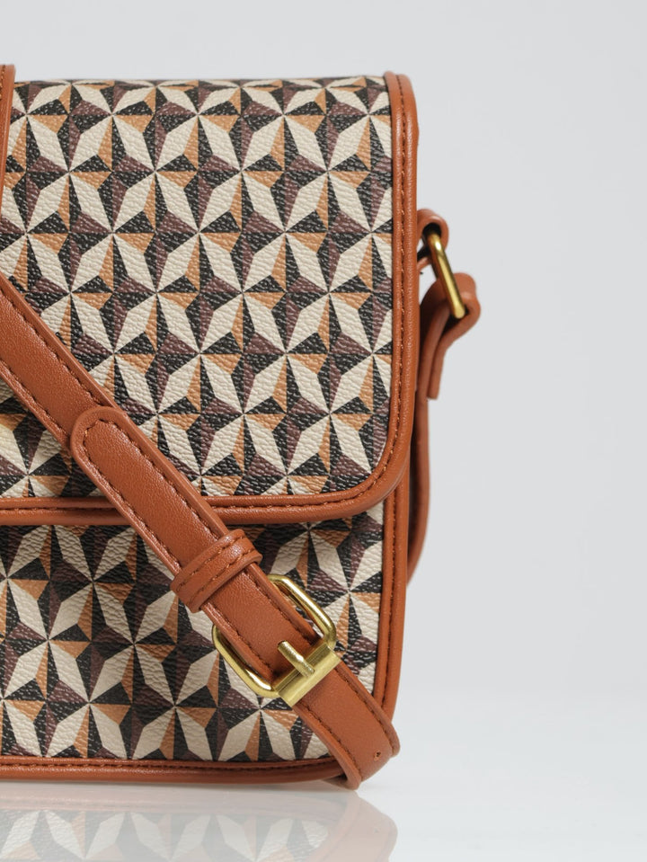 Monogram Print Front Tab Satchel - Chocolate