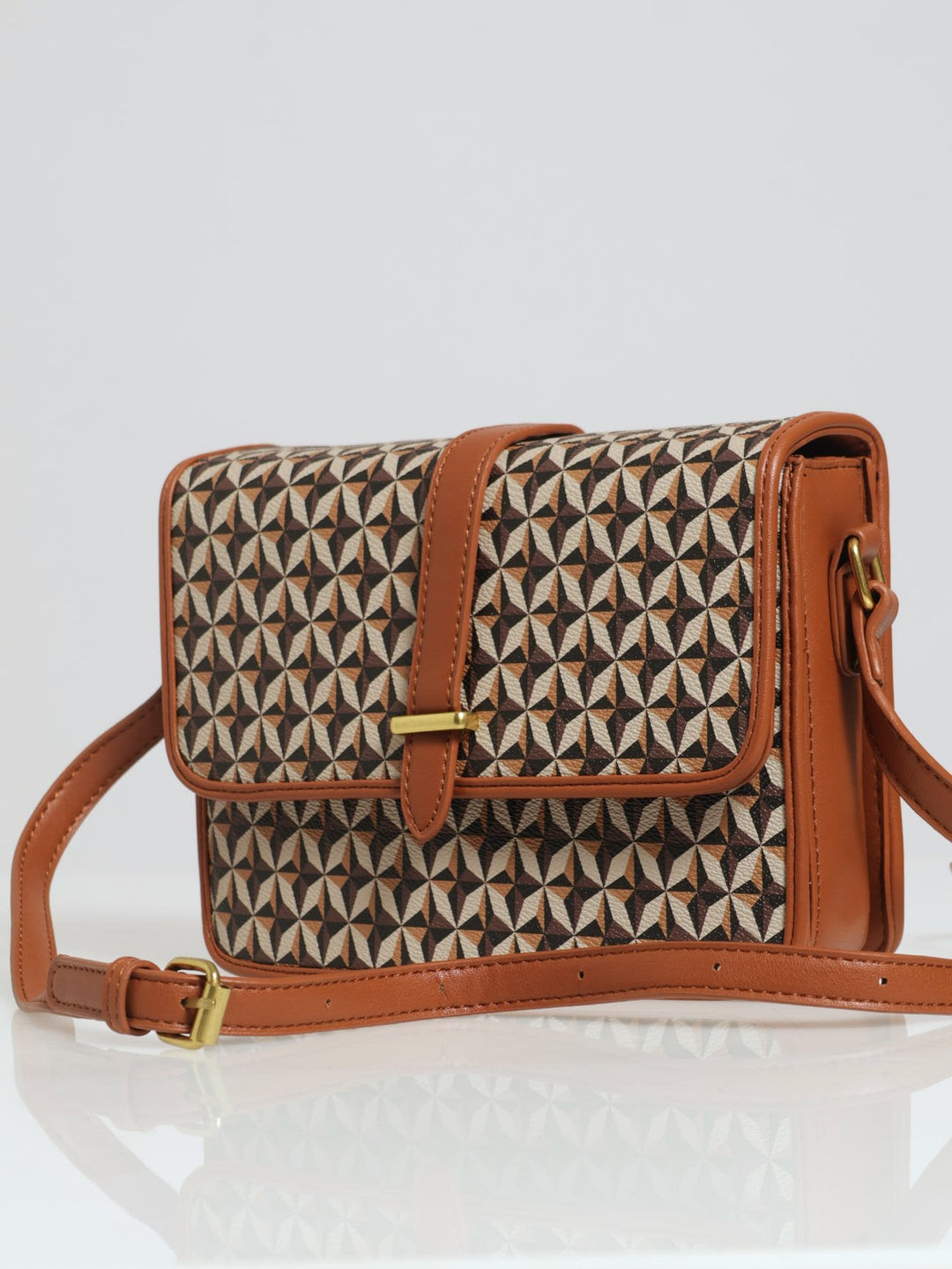 Monogram Print Front Tab Satchel - Chocolate