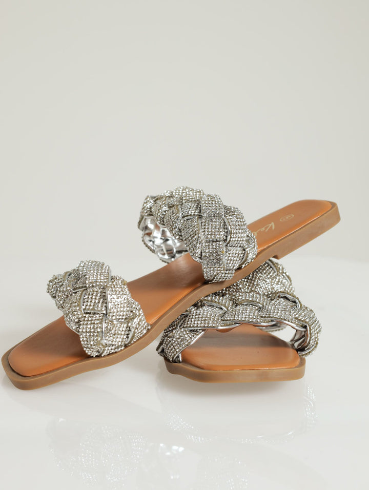 Embellished Plaited Double Strap Sandal - Silver