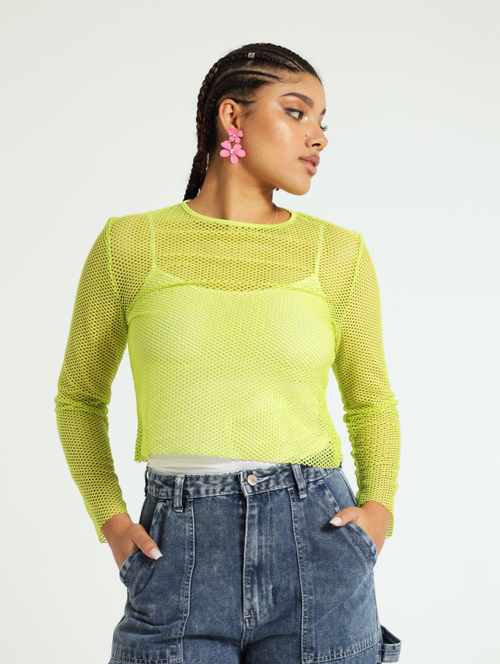 Long Sleeve Mesh Tee - Lime