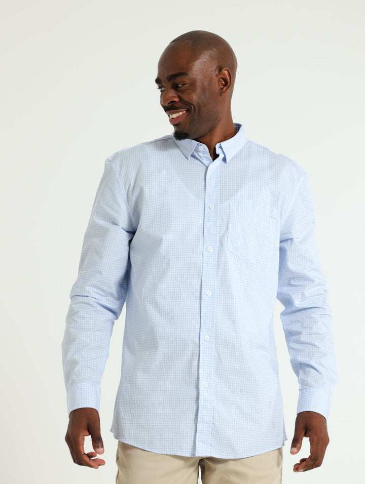 Long Sleeve Small Check Shirt - Light Blue