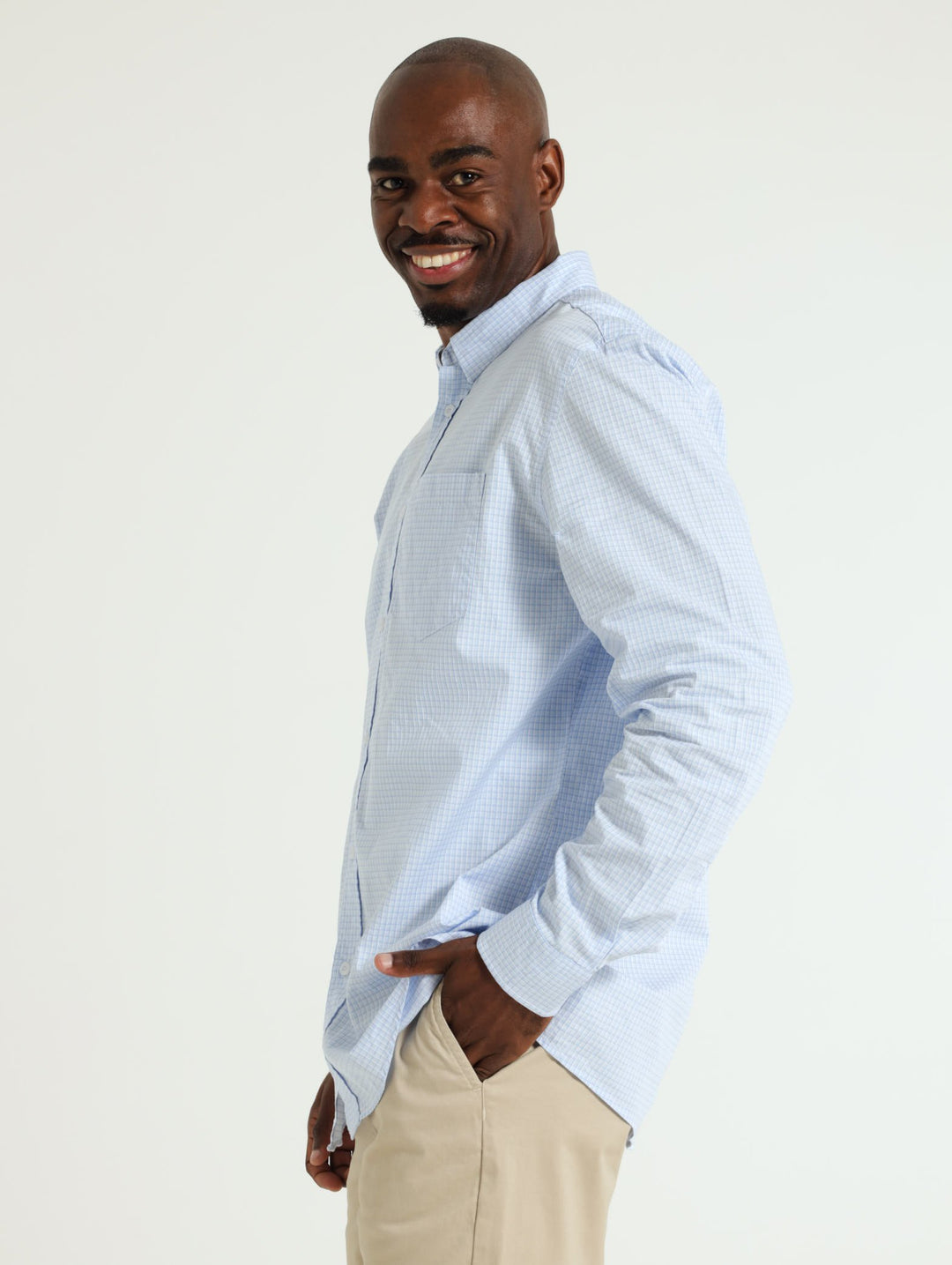 Long Sleeve Small Check Shirt - Light Blue