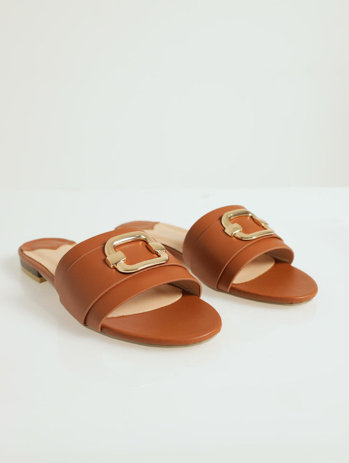 Natasha Buckle Trim Mule Flat Sandal - Tan