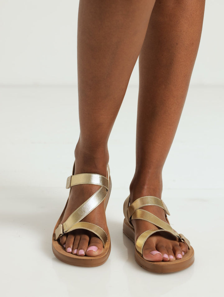 Assymetric Elasitcated Strap Sandal - Gold